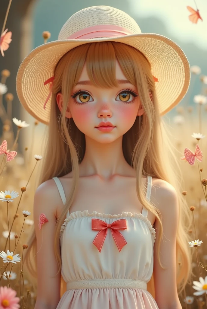Adolescent girls,Hair has short hair, air bangs, fluffy hair,wearing a cute white dress,Wearing a straw hat,The expression is innocent and cute,rays of sunshine,Big eyes