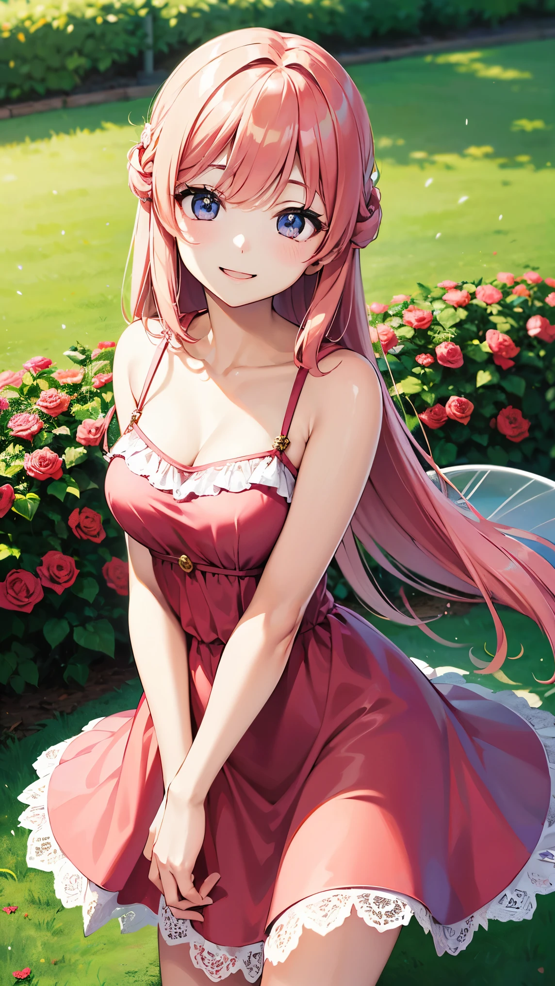 highdefinition images、Rose Fairy、in the red rose garden、In the red rose garden、全身highdefinition images、smile in the bright sunshine at the red rose garden。