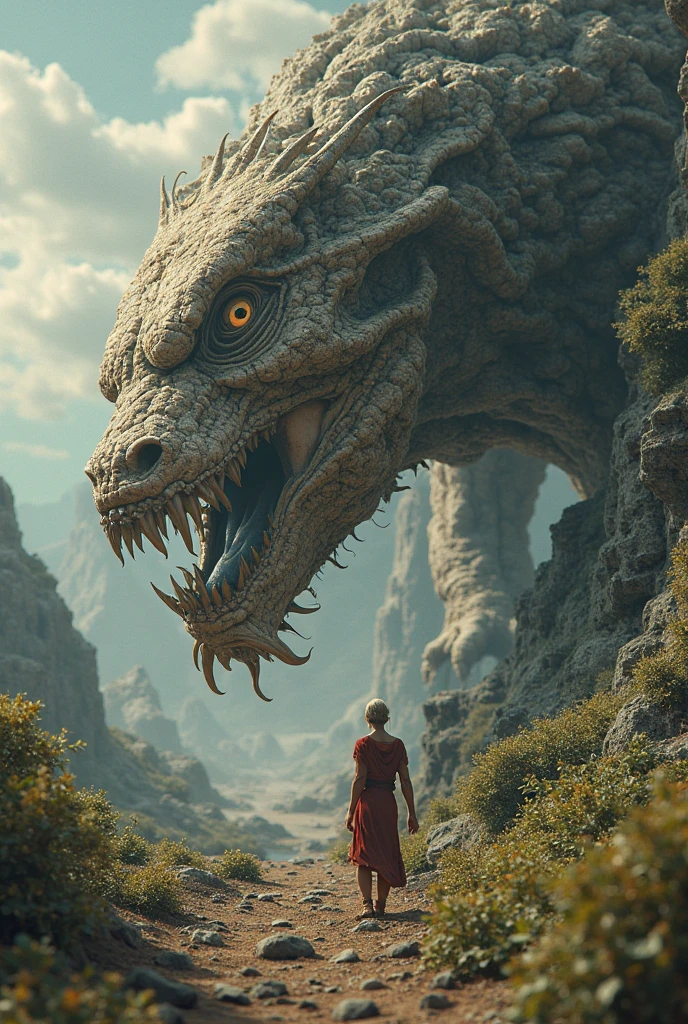 Redhead princess in destroyed medieval clothing gains mental powers and enters a dragon's head