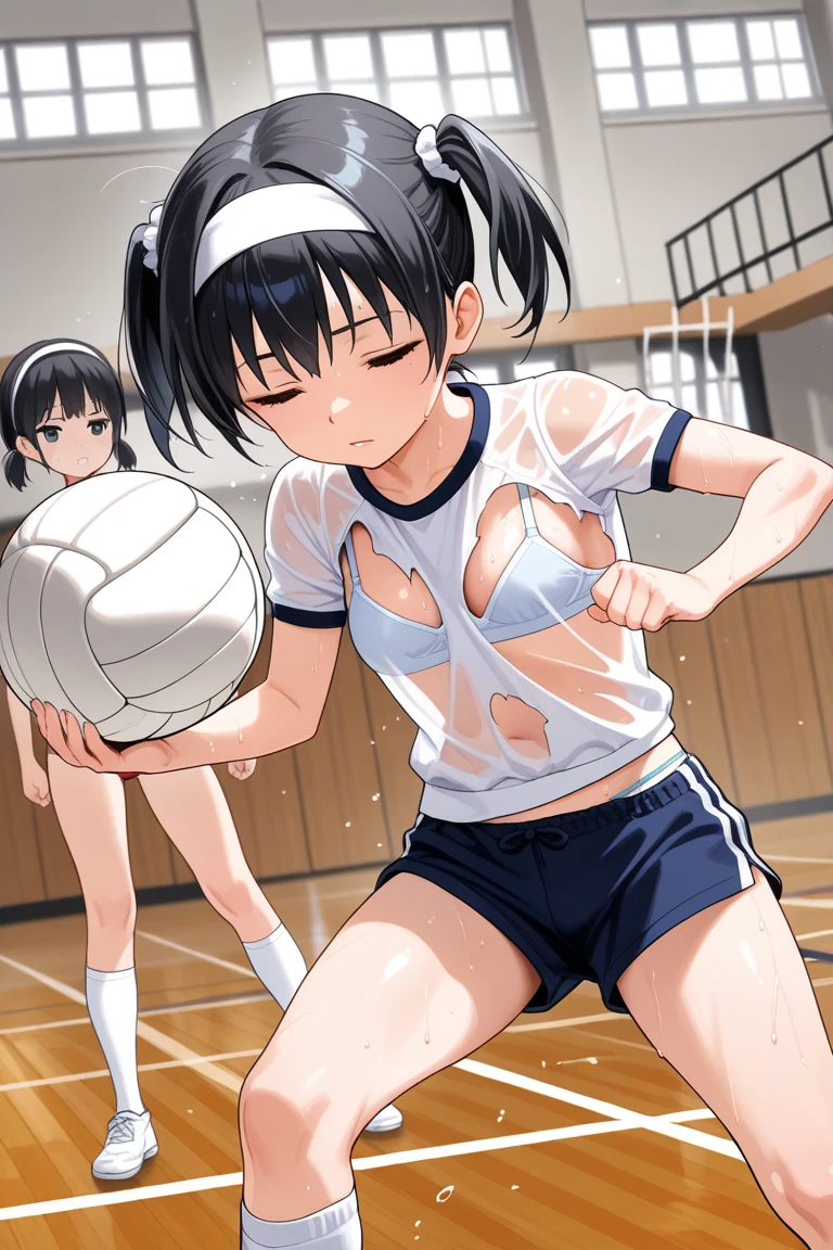 Highest quality,masterpiece,Black Hair,Women's Basketball,He shows his naked body to the boys' basketball team to inspire them.,locker room,14 years old,Nipples,pubic hair