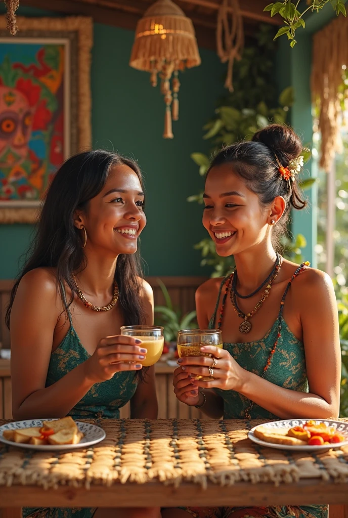 Two early thirties age woman filipino gossiping with Zesto/Juice in Hands