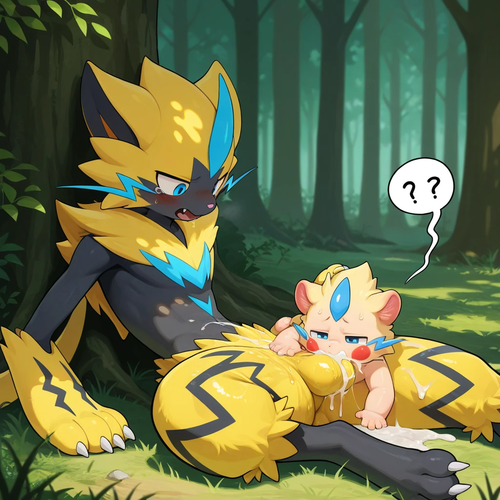 Pokemon Zeraora male Shota Yellow fur cat Show the whole body Gay nude penis semen stickiness Back alley of the city Anal Sex Being Raped raped by multiple people