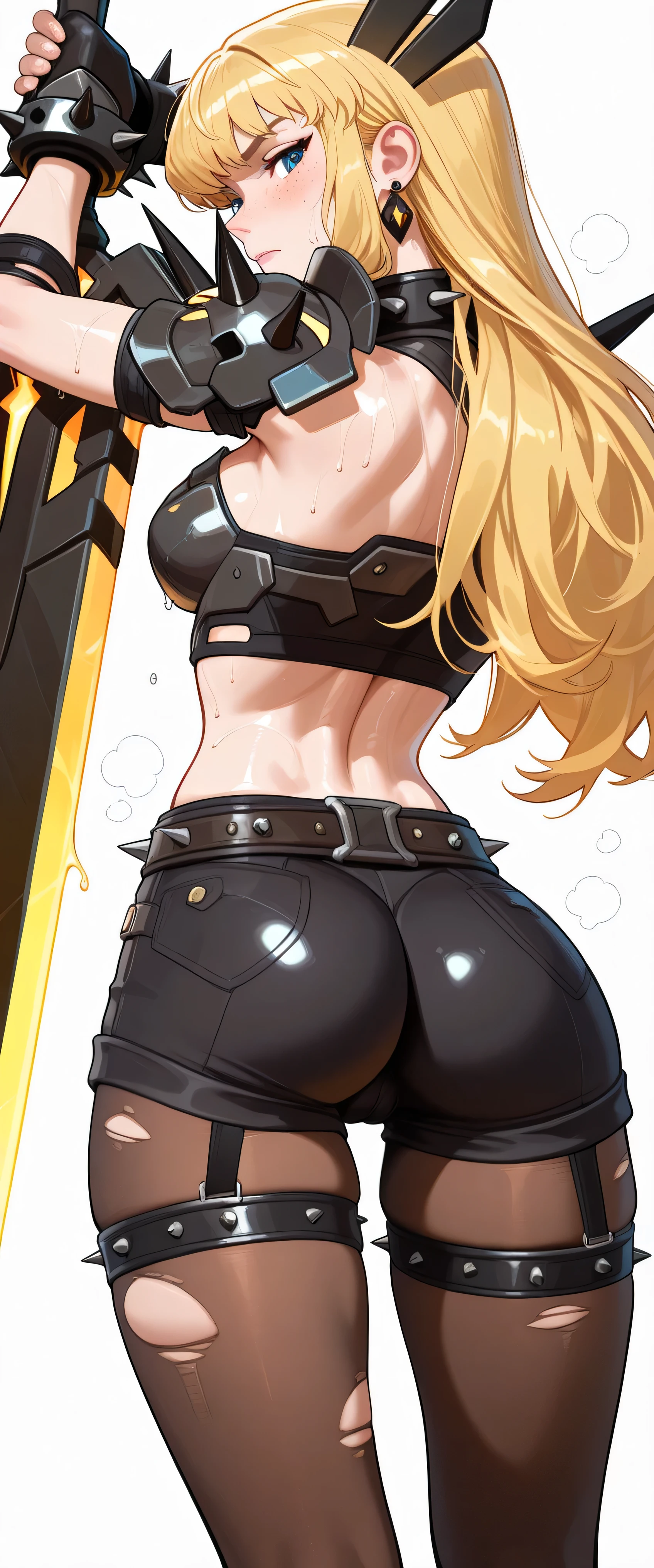 magik_mvr, 1girl, solo, blue eyes, hot, steaming, steaming body, sweat, sweating, sweaty, sweaty body, wet, wet body, dripping, dripping sweat, blushing, embarrassed, nervous, closed mouth, (((white background))), looking at viewer, cowboy shot, fighting stance, dynamic pose, medium breasts, blonde hair, long hair, freckles, midriff, earrings, belt, black shorts, armor, shoulder armor, pauldrons, spiked bracelet, spiked collar, thigh straps, black gloves, fingerless gloves, brown pantyhose, torn pantyhose, round butt, slim waist, skinny waist, slim hips, skinny hips, masterpiece, best quality, amazing quality, very aesthetic, absurdres, newest, view from behind, butt visible, butt focus, walking away, cameltoe, giant sword