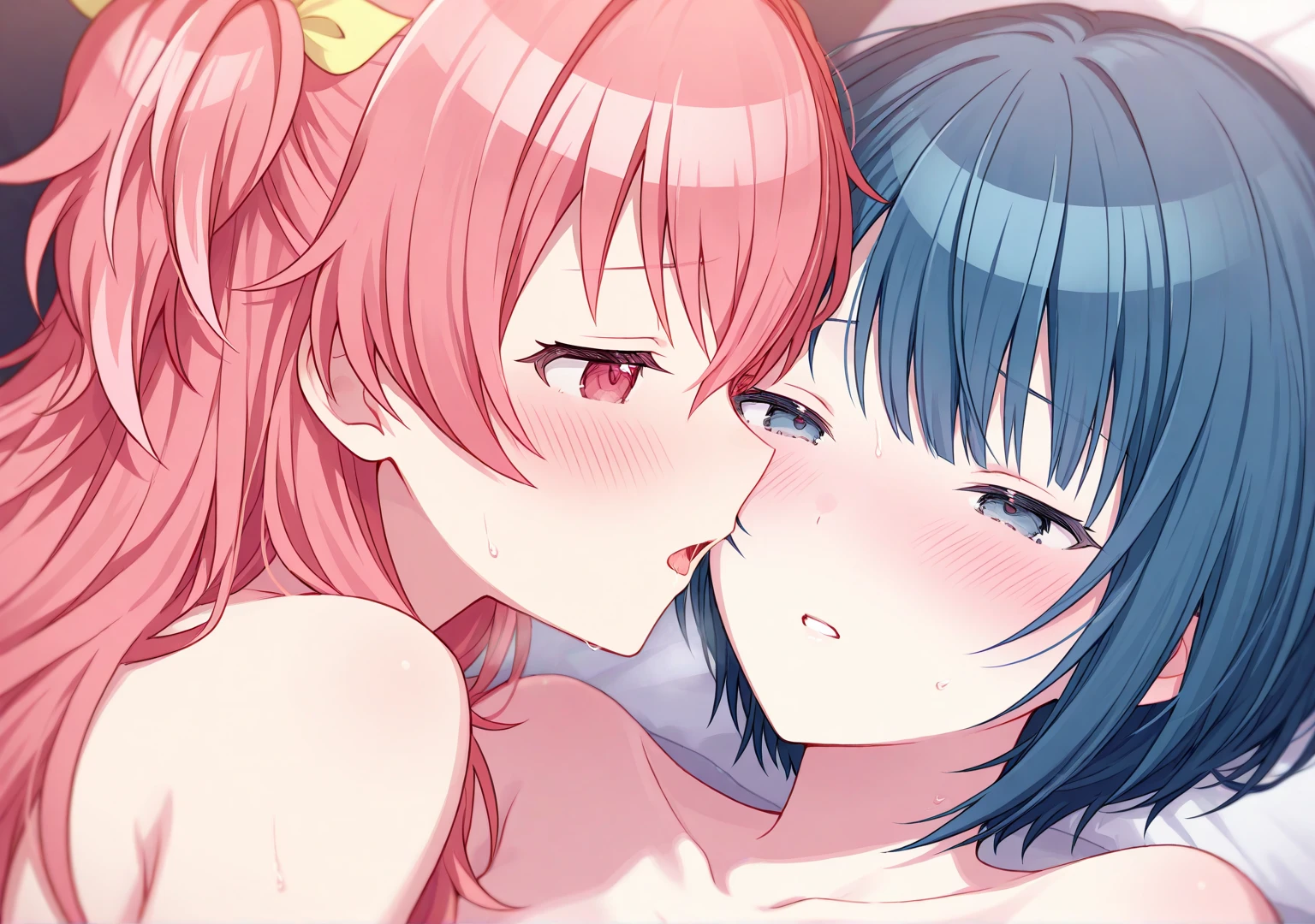 (masterpiece, best quality, ultra-detailed, high resolution, detailed eyes), (vulgar), nsfw, takeda hiromitsu style, 2women, group of women, curvy body, large breasts, licking penis, large penis, pov, (blushing:1.3),(drool:1.3),(breath:1.1), tears,orgasm, (trembling:1.3)