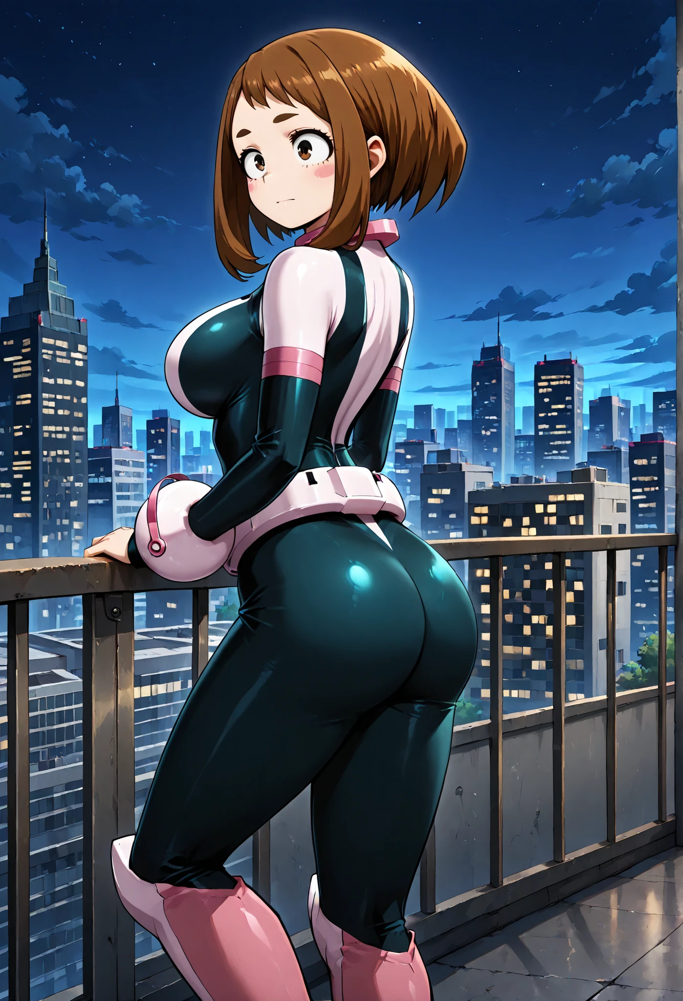 official style, Anime-Screenshot,  uraraka ochako, 1 girl, brown hair, brown eyes, Solo, Superheld, Hero bodysuit, pink wrist guards, closed mouth, Big Breasts, (F65), Sexy Stil, Standing on the roof of a skyscraper, Nacht, Regen, The metropolis lit up at night, In the background the city illuminated at night, Leans on the skyscraper railing with bent arms, Looks dreamily up at the stars, Standing with her back to the observer on the railing, Absentmindedly sticks out her butt, sexy butt, Has taken off her superhero suit, Is lying next to her on the ground,  uraraka ochako ist Nackt,