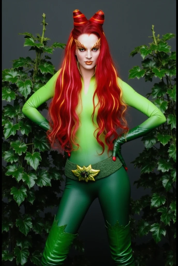 full body picture of poison ivy covered in blood with a evil gaze on her face. The lifeless corpse of batman lies beneath her feet. as she stands triumphantly over him