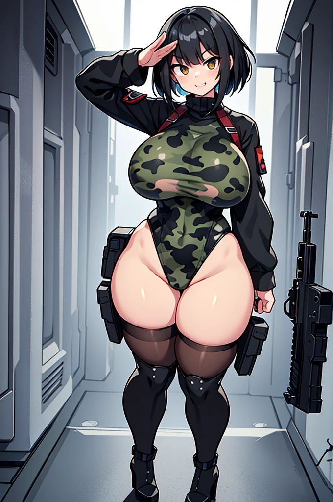 young girl, Pullover, whole body to see, short hair, (( very wide hips)), (((colossal Thighs, gigantic thighs, very huge thighs, very big thighs))), fullbody, soldier girl, mini bikini, Cyberpunk, angry smile, holding gun, Battle, pigtails hair, big smile showing teeth, exited, Fishnets stockings, freckles, sleveless, shoulderless,