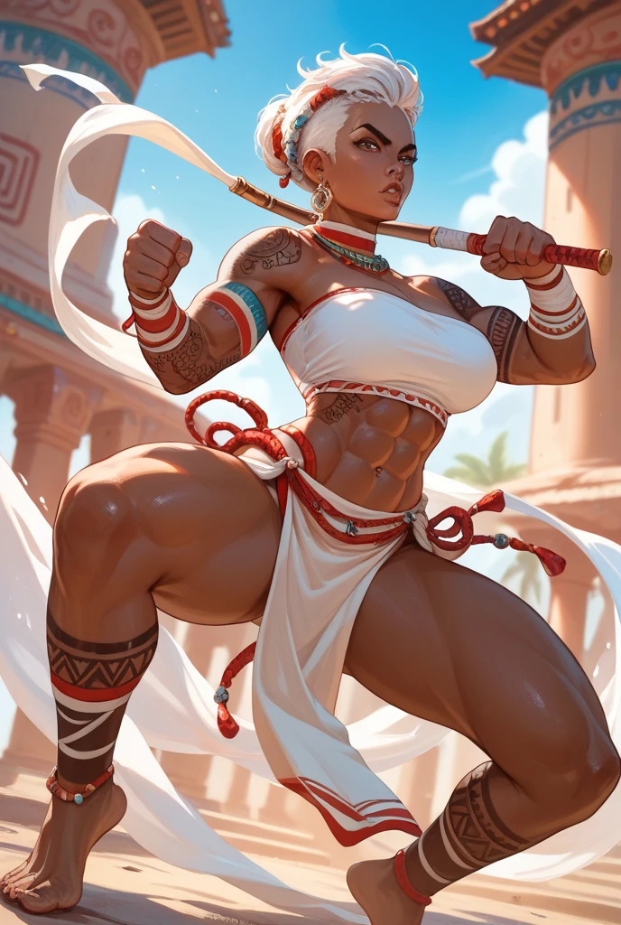 a woman with a sword and a pink african scarf,an epic pink copper shield 3 d oba, dark skin female goddess of love, yoruba body painting, feminine deity, attractive,, attractive pagan female deity, 3d, black african princess, baroque vaporwave, epic 3d painted action figure