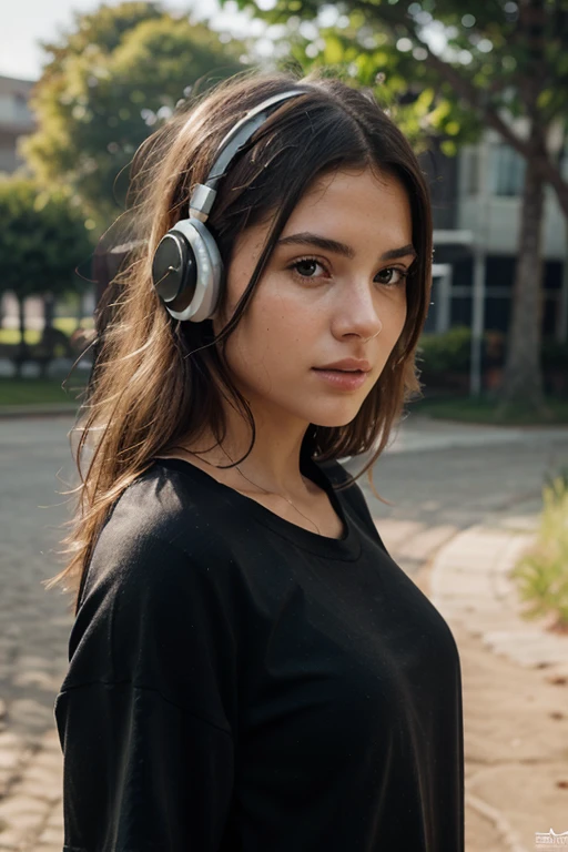 Un oc femenino de boku no hero academia, with long brown hair and hazel eyes with pronounced hips and thin, light brunette and with the UA uniform and with headphones and some warmers and with make up doyin
