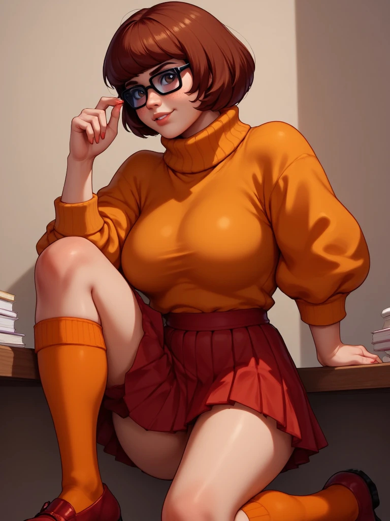 (masterpiece, best quality), 1girl, <lora:velma:1> velma, orange sweater, plaid skirt, black legwear, glasses,