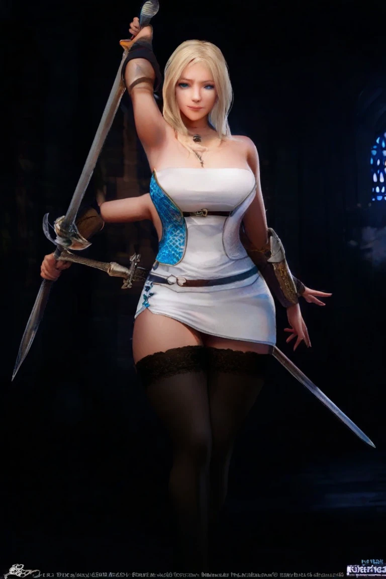 masterpiece, best quality, masterpiece,best quality,official art,extremely detailed CG unity 8k wallpaper, game_cg, sakimichan,sakimichan, 1girl, weapon, breasts, solo, high heels, blonde hair, bare shoulders, blue eyes, sword, navel, large breasts, thighhighs, long hair, holding weapon, looking at viewer, fishnets, ponytail, parted lips, holding, kunai, piercing, midriff, cleavage, thigh strap,<lora:sdxllora-000006:1>