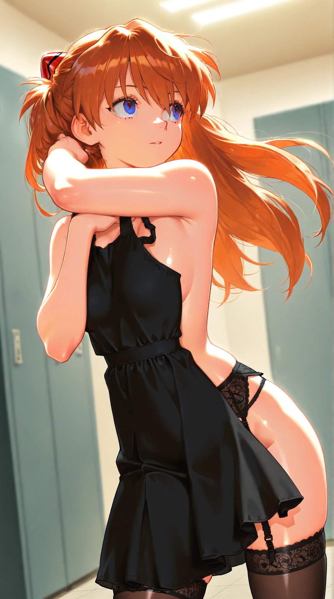 anime, beautiful face, highly detailed face, (2 accurate legs:1), light brown detailed eyes, highly detailed background, perfect lighting, accurate arms, accurate hands, accurate fingers, 1girl, solo, yuuki asuna, sword art online, solo, detailed heels, beautiful brown hair, detailed thighhighs, absurdres, high res, ultrasharp, 8K, masterpiece, looking at viewer, teasing smile, BREAK (detailed black sexy body stocking:1.3), (intricate all lace:1.6), (transparency:1.8), dynamic view, (sexy pose with hands on ass:1.2), view from behind, ass view 