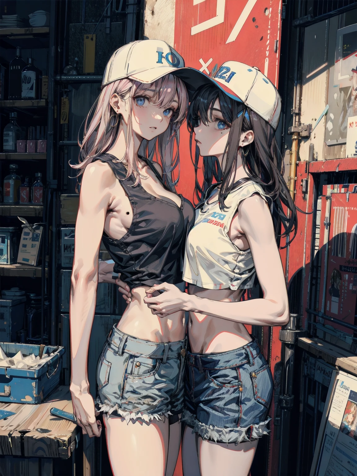 (((yuri))), (((2 girls))), Basketball shirt, baseball cap, Hot Pants, absurdres, RAW photo, extremely delicate and beautiful, masterpiece, Best Quality, ultra high resolution, 32k, hyperrealistic, ultra-detailed, detailed description, perfect anatomy, pale skin, 20 years old, detailed beautiful face and eyes, tearful mole, earring, short medium hair, wavy hair, random colored hair, whole body shot, colossal tits,