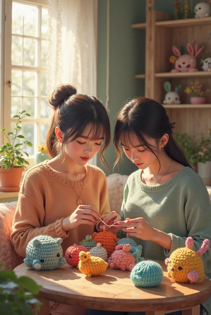 cinematic photo style by Araki, 1 girl 14 years old with long hair along with a woman 50 years old with short blond hair, girl crocheting knitted toys while sitting in a deep chair, Group portrait, against the background of a white wall of children's drawings and a window with curtains, on a wooden table there is one white mug full of tea, books, night, lighting from lamps, film, bokeh, professional, 4k, highly detailed,