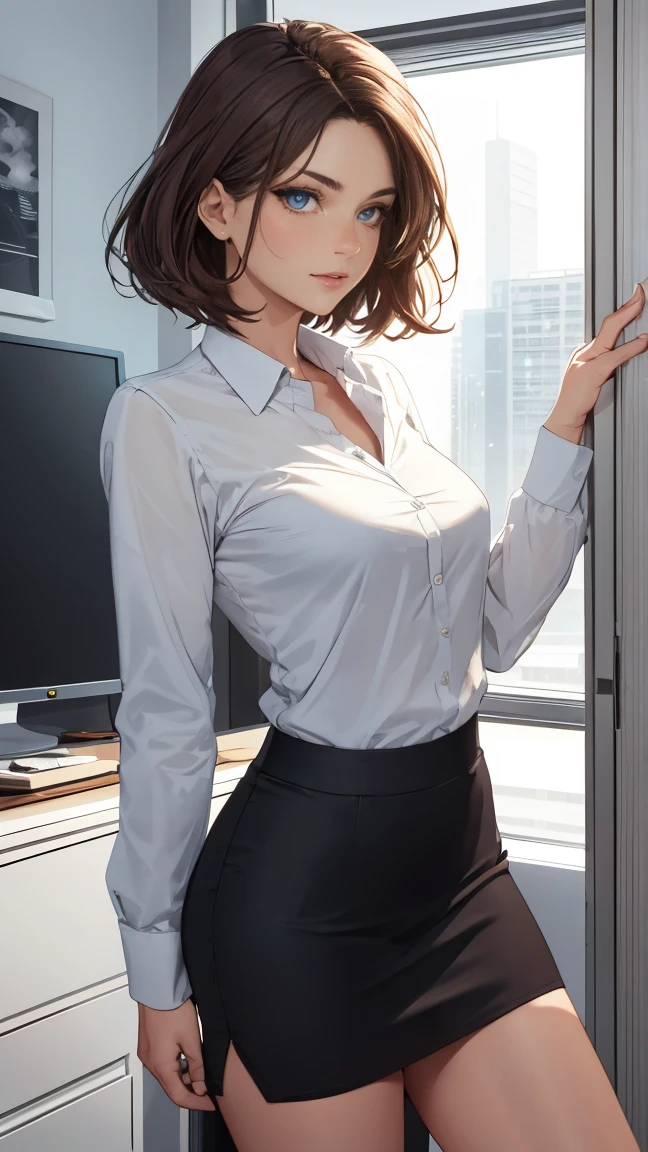 ((Night, Realistic Light, Best Quality, 8K, Masterpiece: 1.3)), 1girl, Slim Beauty: 1.4, (Brown hair, updo hairstyle, large breasts: 1.3), Standing, inside infirmary room school, inside infirmary school room,
2 hands rise at back of the head, glasses, blushes, shy, wearing long sleeve shirt((white shirt only)), wearing black pencil skirt,