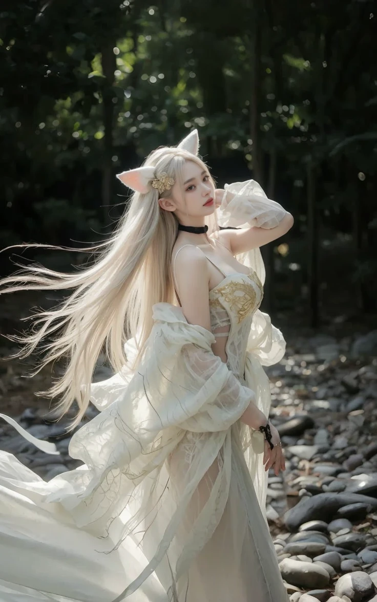 ( Absurdly , high quality , Very detailed,View Photographer、holding an Axe )、(White super long straight hair)、White Tiger Queen、Hair Access、(((Tiger ears and two horns)))、Beautifully detailed tiger-patterned dress and armor、Tiger-inspired costume、Tattoo with a tiger print、Queen of Queens、(masterpiece, 最high quality, 最high quality, Official Art, Beauty and aesthetics: 1.2), (One person: 1.3)、Fantastic nature background
