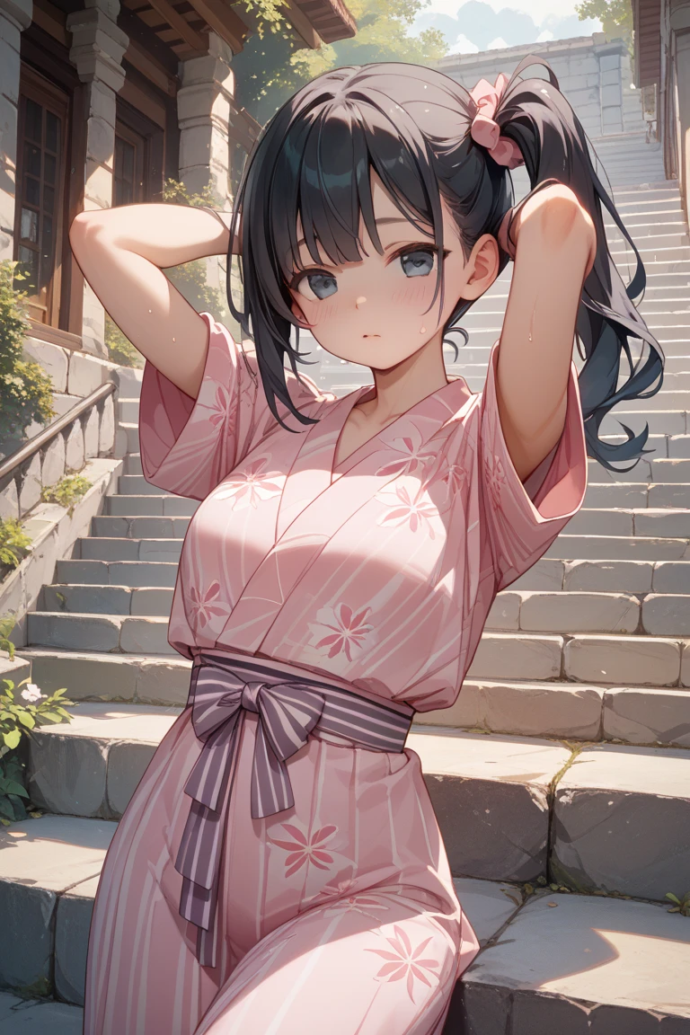 (I see big clouds in the sky、Strong sunlight、)11-year-old girl、(Backward view、)Butt Emphasis、Smile small、Old streets of Kyoto、Accentuate your cleavage、Wear a purple floral yukata、One-sidedoff-shoulder((Highest quality))face real、(1. Glowing Skin.4)Extreme close-up from below(((sexy)))((masterpiece)、(1. Glowing Skin.1.4)Thigh Emphasis、((Shining Sun))、(((11-year-old girl)))(Long Wavy Hair、)sexy pose、、、(Various poses)