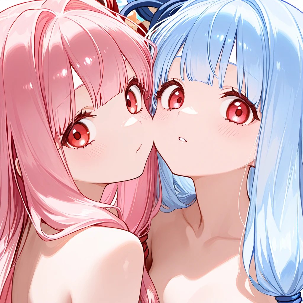 masterpiece, best quality, (2 girls:1.3), large breasts, light blue eyes, swept bangs, pink hair, two side up hair, embarrassed, upper body, with angelic wings, (angelic halos:1.2), in a heavenly paradise. flowing white gowns with golden accents and delicate, leaning forward, upper body, close upper body, (close up breasts:1.2), (breasts out:1.2), show off nipples, (nsfw:1.2)