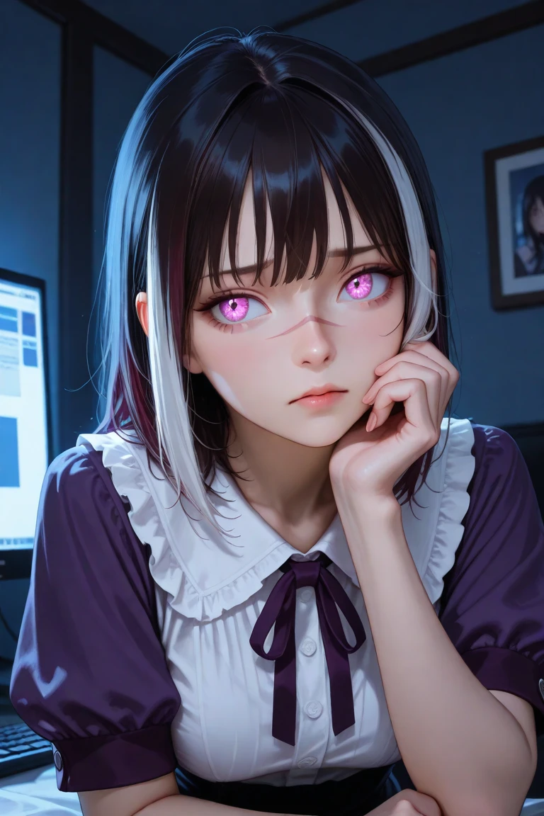 (highest quality:1.4), (High resolution:1.2), Sharp contours, Long Hair, highest quality, masterpiece,Glasses,Voice of the Heart,yandere,Dynamic configuration,,20-year-old woman,yandere,Big Breasts,Chest to chest,Lying face down,Upper Body,Ecstasy,saliva,blush,Squint your eyes,Heterochromia iridis,Tuck up your clothes,lure