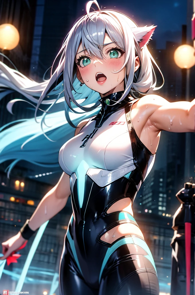 最high quality、best image quality、masterpiece、girl((20-year-old、 By becoming、vest bust、medium bust,wide open breast tea、shining eyes, silver hair、long hair、thin,highest valley、twin tails、right arm bandage、Black and purple hoodie with a wide open chest、short belly sports pants、cool pose、holding a black smartphone、sweating、smile、forward leaning movement、provocative pose)),high quality、beautiful art、background((cyber sports gym))、Flight、debris flies、Depth of written boundary、movie、visual art、perfect art、8k,genuine、