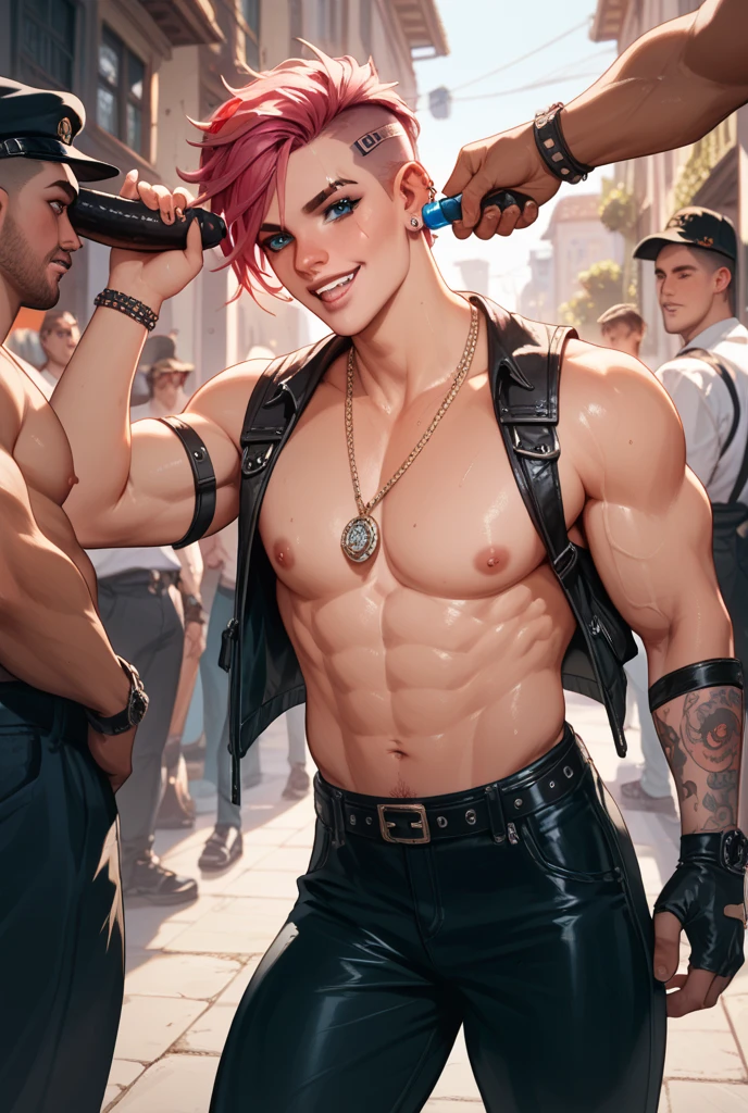 analog photo, a cute man, 25 years old, ((iridescent short hair)), (oily skin), (cyberpunk night club), ((neon lights)), dark background, cyberpunk, fit, (smile:0.8), embarrassed, perfect lighting, magenta eyes, dancing, dynamic movement, male only, leather pants, tight crop top, realistic, cinematic, best quality, detailed background, depth of field, intricate details, dynamic pose, dynamic angle, (skinny), (thin and slender:1.2)
