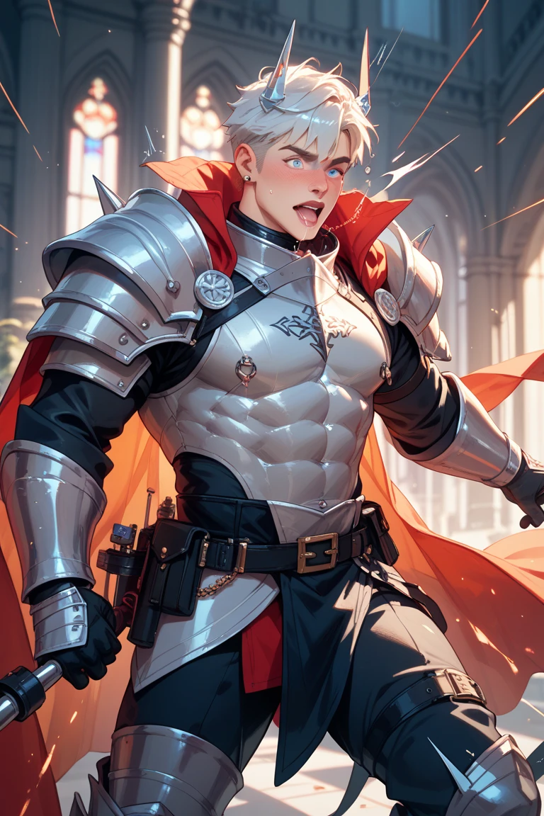 （1 adult male），high resolution， sharp focus， pixiv masterpiece， （（intricate details））， very detailed， Natsuki_subaru， 1 person，Wear your combat uniform，The look of a perfect man，바지 다리에 Pee，Tight shorts,( I lower my head nervously.)，be ashamed，Panic，Exciting，I was shocked.，Panic，care，spread your legs，Let your arms touch the floor behind you ,I want to pee，unbearable，get wet，Pee 분비물，Telegraph slang，sit astride，tired，Decadent， yellow eyes（shining eyes）， short gray hair，(White armor，tie your belt，Cloaked，Cloak，shoulder armor)，breathe，흠뻑 get wet，get wet，Pee，Pee이 바지 아래로 흘러내림，see below