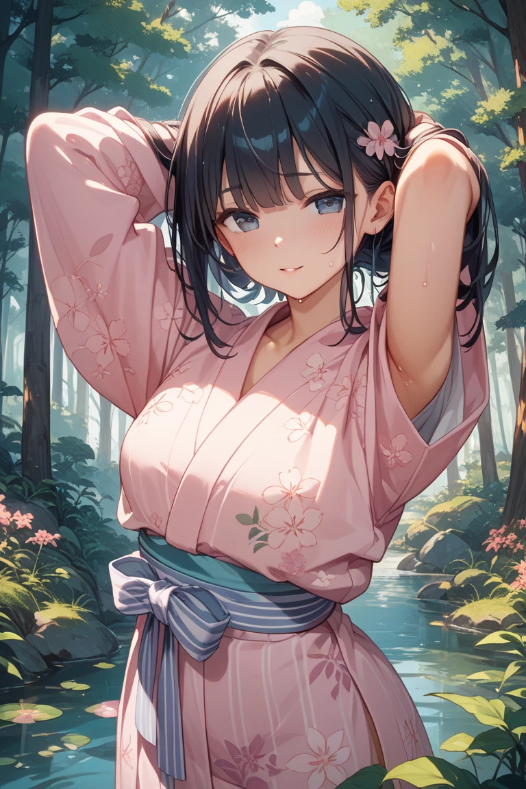 (masterpiece, Highest quality:1.4), Beautiful Face, 8k, 85mm, Absurd, (Floral Yukata:1.4), Face close-up, violet, Gardenia, Delicate girl, alone, night, View your viewers, Upper Body, Film Grain, chromatic aberration, Sharp focus, Face Light, Professional Lighting, Sophisticated, (smile:0.4), (Simple Background, Bokeh Background:1.2), detailed aspects,(((Show me one nipple:0.57))),((Very young and small:1.2),(Flowers in hair:1),(Flowing Tears),Roll up your shirt、Lift up your skirt、String panties、Slit in panties、Floral bra