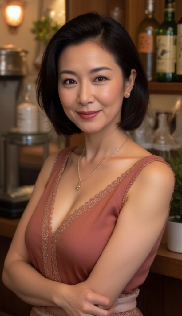 (fullbody:1.3), (extreme beauty), (fat evil goddess), intaglio, Best quality, Ultra-detailed, Photorealistic, Super detailed skin, Perfect anatomy, (1 Japanese mature female), (Solo), 65 years old, Big breasts, Mature female politician, carismatic, A sexy, Chromo-white skin, view the viewer, middle aged women,(No cleavage),upper legs, Makeup, (Lipstick: 1.1), (Eyeliner: 1.2), Mascara, Eyeshadow, Wavy Hair, Room, Outdoors, Earrings, necklace, shiny sleeveless dress, black pantyhose, Wrinkles at the corners of the eyes, Oral wrinkles, sitting in Coffee shop,