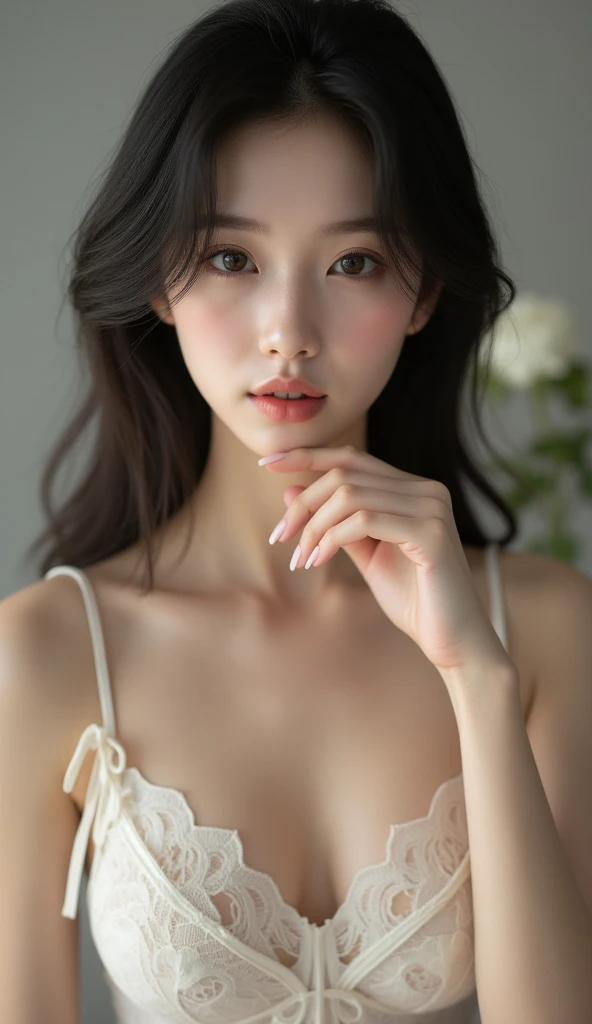 "A young Korean woman in her early to mid-20s is captured against a white background, with the focus on her upper body. Her appearance has a slightly exotic allure, enhanced by elegant makeup that highlights her natural beauty. Her posture and expression exude grace and sophistication, perfectly showcasing her refined elegance."