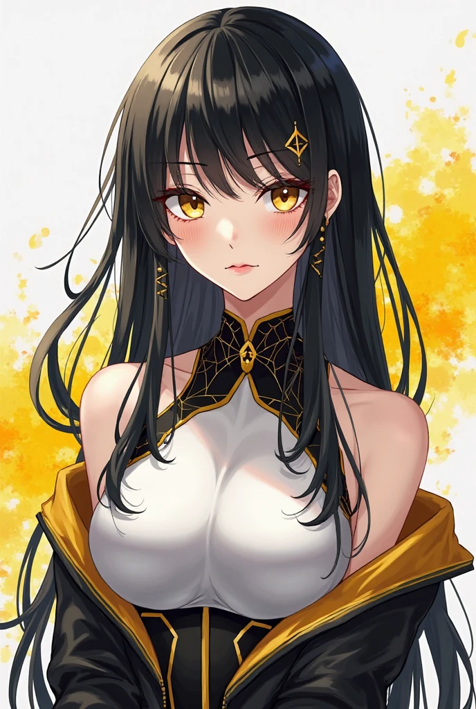 Yellow eyes, black hair, large breasts