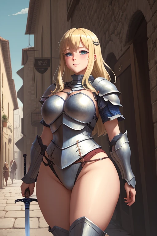 Very detailed、Highest quality、Best image quality、masterpiece、8k、(shoulder-length blonde hair:1.5、Medium Long Hair)、(smile、Open Mouth) 、(Hilarious)、(Big eyes)、(Beautiful and shining eyes)、(Detailed anime eyes)、(Puffy eyes)、(Big Breasts:1.8、necklace)、((SFW Huge Body:1.3))、(knight armor、Wearing white bikini armor:1.5、High leg leotard、Arm Armor、Leg armor:1.5、armor on the waist:1.5、Waist belt:1.5、Put on a helmet:1.5)、(Cowboy Shot)