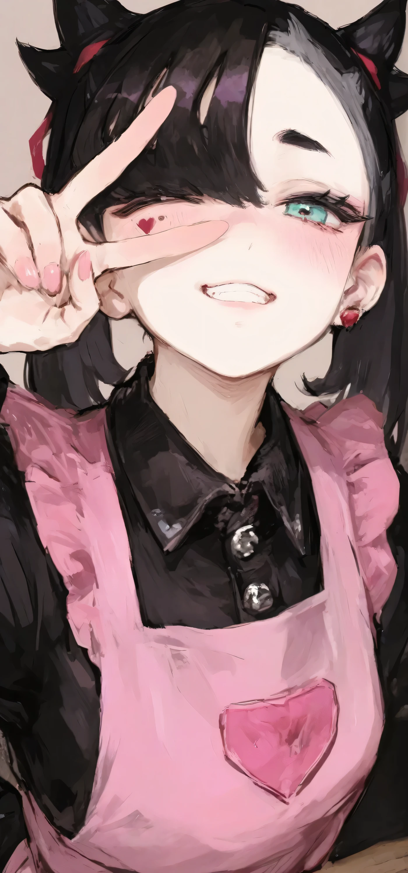 best quality, masterpiece, 748cmstyle, 1girl, heart facial mark, v over eye, wink, grin, nail polish, looking at viewer, turquoise eyes, pink nails, black hair, blush, upper body, smile, maid apron, collared dress, pink apron, assymmetrical bangs, short piggytail, black dress, earrings, hand up, fingernails, (marnie)