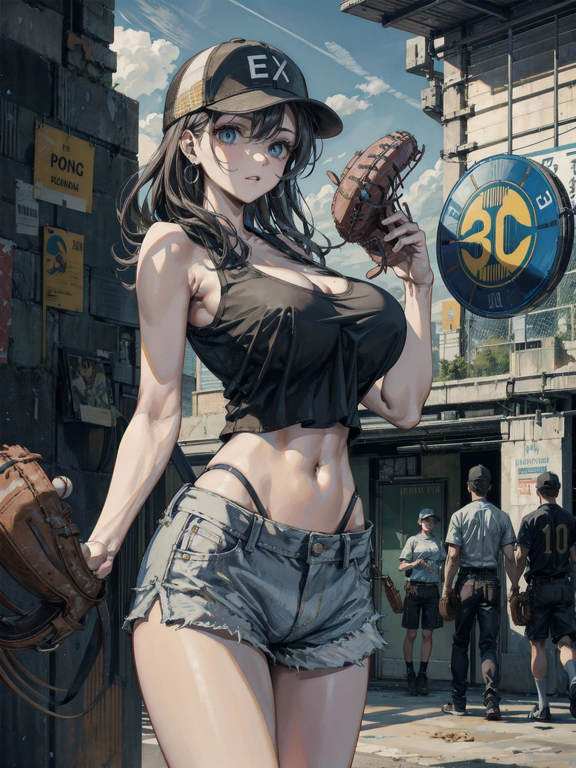 (super detailed, realistic, 8k) one person, Super Sonico  at a baseball game, wearing a ball cap, has huge nude boobs, eyes are very detailed and even and deep brown color,