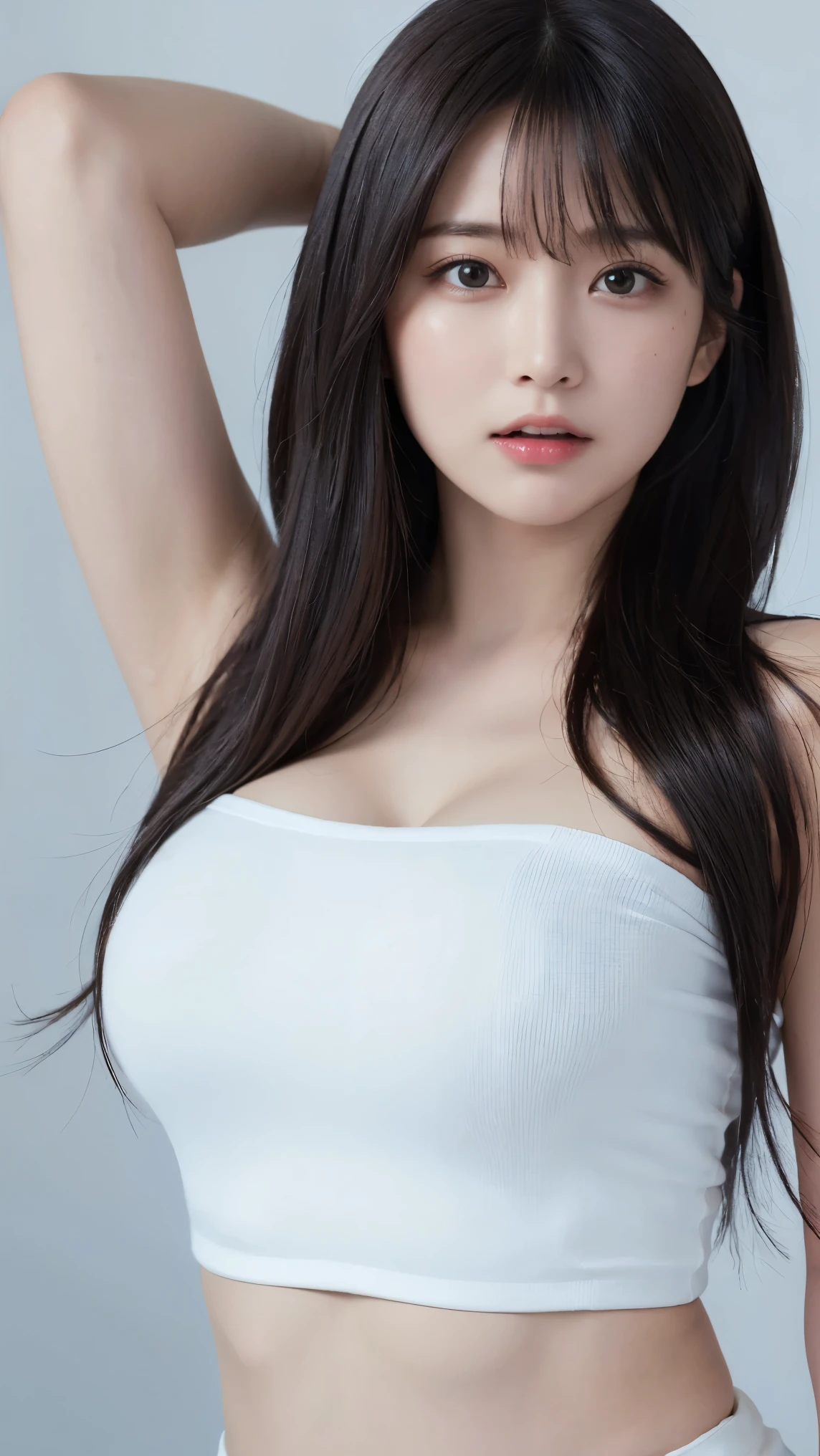 ((best qualtiy,8K,tmasterpiece:1.3)),Sexy women,1girll,(Facing the lens:1.2),dark brown hair,Long straight hair,(see-through shirts,shorter pants:1.1),Super detailed face,Detailed lips,Detailed eyes,二重まぶた,Huge breasts,gradient backgrounds,purpleish color,Light wind,Headshot