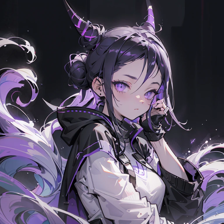 cheerful boy aristocrat open forehead. dark purple hair braided in a ponytail on the left side to one side. sinuous black horns wrapped in dark purple ribbon. pale violet eyes. in short dark purple shorts. long white T-shirt. dark purple knee-high socks. a white long robe with a hood flutters in the wind. black ancient stone walls of the castle purple light from lamps with gold ornaments, heterochromia, long curly hair, pale skin, I look at the viewer, closed mouth, bright smile, Beautiful, extremely detailed eye, Absolutely amazing art, extremely detailed, Digital art of the highest quality, full length, old piano, ancient walls of a stone castle