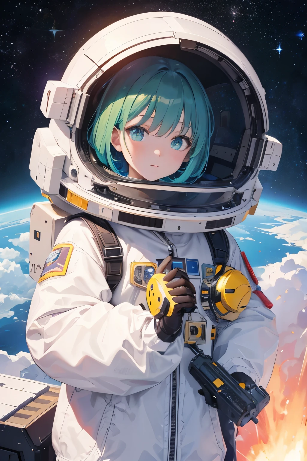 spaceship, captain future, comet, very detailed and beautiful design, Illustrations, masterpiece,Highest Quality, high resolution, 8k, sf, SPACE FANTASY, very beautiful、 artfully designed , Very Fine and Beautiful Colors , anime girl with short green hair up to her shoulders and warm brown eyes, sophisticated , black and yellow astronaut suit、metal shoulder patch. space galaxy and planets visible in the background, SPACE FANTASY, comet,
