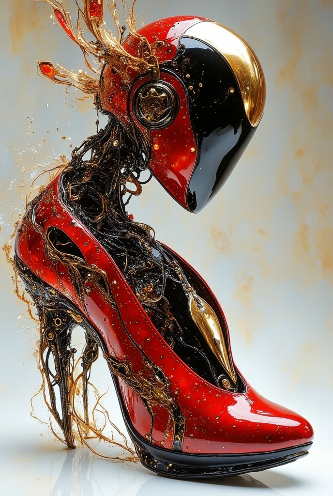 In a shocking contrast of elegance and turmoil, a Renaissance-style fragmented sculpture of an abstract form is depicted in porcelain slowly dissolving into red dark jelly. This captivating image portrays contorted in pain as the materials shift and blend. The high-quality photograph showcases the intricate details of the sculpture, from the delicate curves of her face to the flowing lines of her gown. The vibrant colors and striking imagery evoke a sense of deep emotion and artistic skill, drawing viewers into the gripping narrative of suffering and transformation.