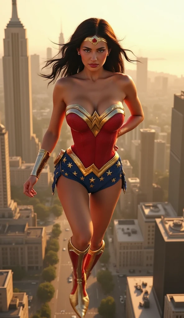 ((Mejor calidad)), ((obra maestra)), (detallado), cara perfecta,in a standing pose, full body, long shot, beautiful woman, wearing wonder woman costume, Cyberpunk futuristic wonder woman costume, shows breast, big breast, great aureolas, perfect nipples, gal Gádot face