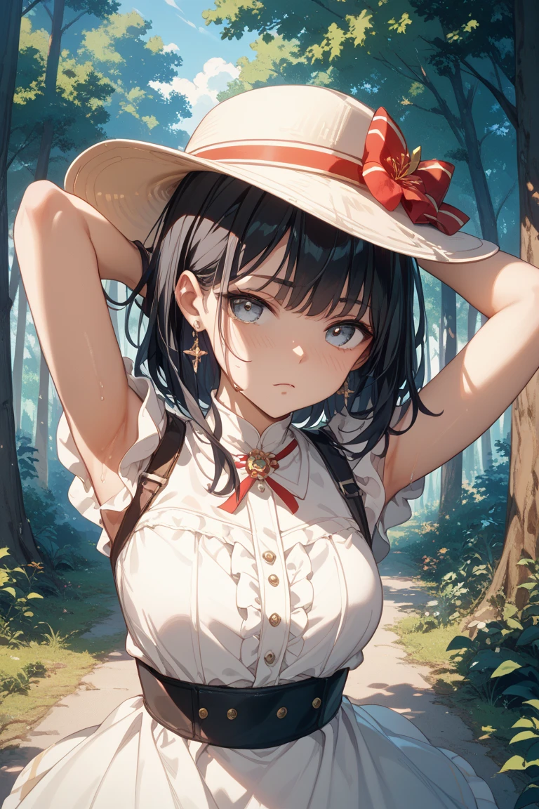 girl, (sky:1.6), sitting, side shot, flowers, (masterpiece, best quality, perspective, depth of field:1.5), beautiful face, thighs, from below, 8k, raw photo, absurdres, woods, impressionism, Tom Thomson, Claude Monet, Joaquín Sorolla, James Wilson Morrice, John Fabian Carlson, Hugh Henry Breckenridge, HDR, photorealistic, film grain, chromatic aberration, highres, ultra detailed, finely detail, dynamic lighting, dramatic lighting, shadow, sharp focus, extremely detailed eyes and face, sharp pupils, realistic pupils