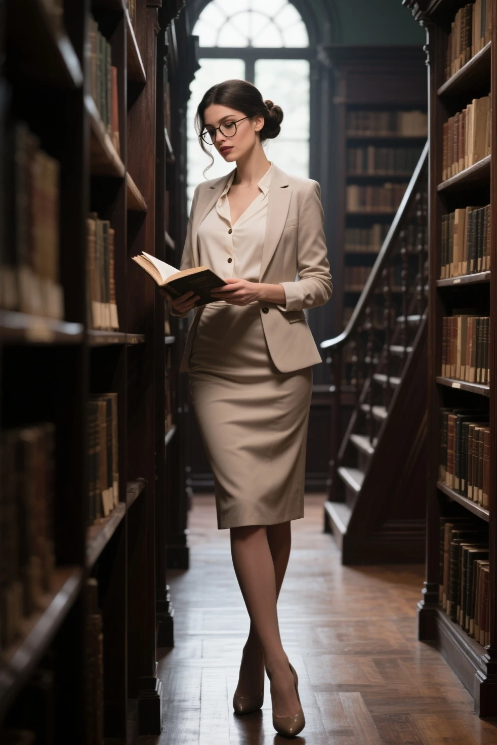 raw photo, 8k uhd, expertly captured human form, crafting a provocative and elegant composition. The subject is a 39 years old Spanish librarian, captured in a candid yet bold pose, exhibiting confidence and sensuality. The elegant clothing in this image creates a moody and intense atmosphere. The striking photograph showcases the artist's mastery of capturing the human form with a blend of sophistication and intimacy, allowing viewers to appreciate the beauty and allure of the subject in a timeless and evocative manner. Sony A7R IV, Sony FE 50mm f/1.2 GM, natural early morning light pouring in from the nearby window