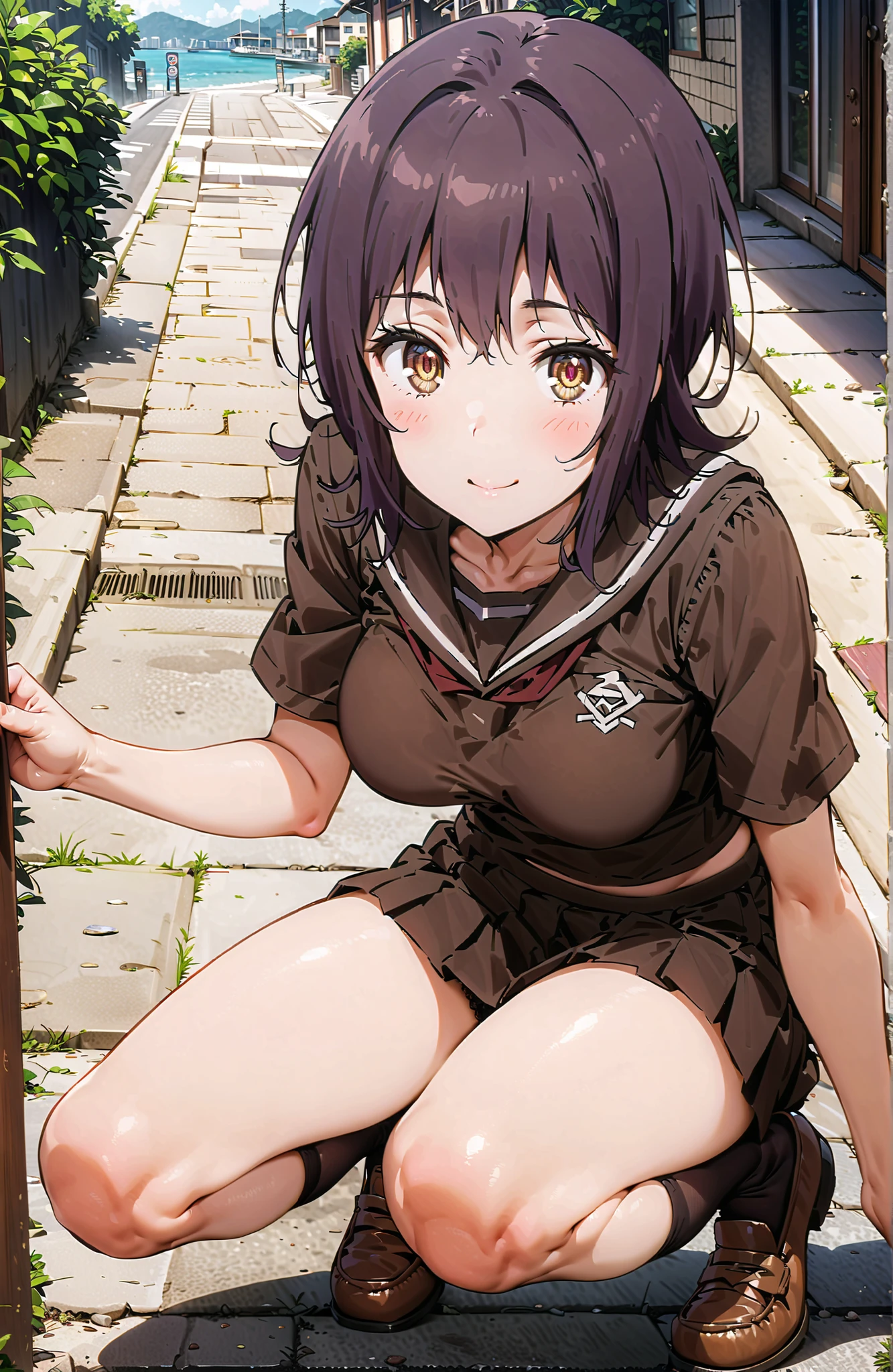 score_9, score_8_up, score_7_up, source_anime, Itsuwa , short hair, brown hair, brown eyes in the bedroom,Medium breast,Black sailor suit,Short sleeve,black mini pleated skirt for sitting on asphalt steps,Black Panties, black high socks,loafers,smile,blush,mouth,Sit on the asphalt steps,Prostitute leaning on handrail ,summer,sunshine,full bodyがイラストに入るように,in their 40s looking at viewer,full body,
in their 40s outdoors,residential area,
in their 40s (masterpiece:1.2), best quality, high resolution, Unity 8Kの壁紙, ( 's art :0.8), (beautiful detailed eyes:1.6), very detailed face, perfect lighting, Highly Detailed CG, (perfect hand in h, Completed),
