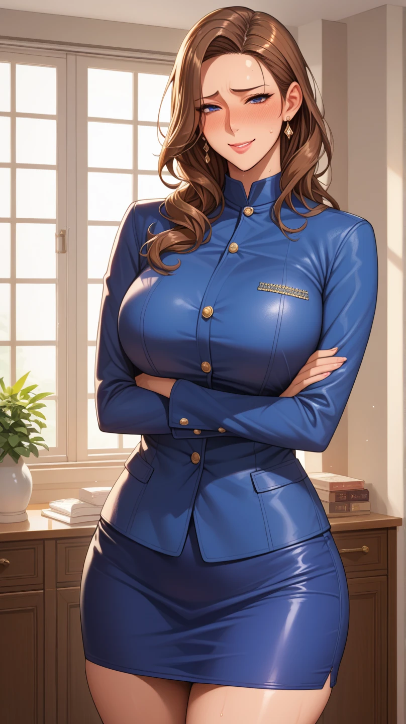 (1 girl), light brown hair, open-chest seduction, flared, ((office lady in a blazer dress)), angled bob, blush, bangs, (big breasts), ribbon choker, glasses, (full), slim, smile, earrings, office, standing, 8K quality, {nsfw:0.75},