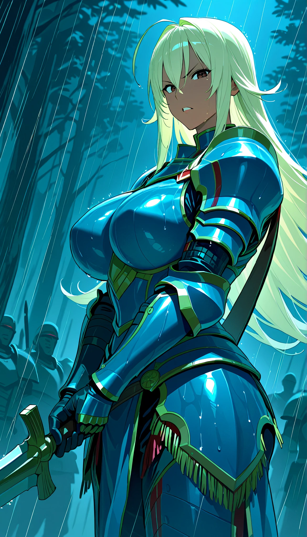 Takeda, {- anatomy error} , masterpiece, detailed, extremely detailed face, perfect lighting, perfect anatomy, perfect body, perfect hands, perfect fingers, detailed face, detailed eyes, score_9, score_8_ up, score_7_ up, anatomically correct, {1girl}: (mature female, dark skin, dark skinned female, (light blonde hair:1.2), long hair, fringe, spiky hair, ahoge , double-parted bangs, bangs between eyes, flipped hair, brown eyes), BREAK, valkyria armor, looking at viewer, (upperbody:1.2), two-handed sword on the back, from side, looking at viewer, serious, clenched teeth, frown, forest, a fantasy castle in the background, army of soldiers around, raining, wet,night, dynamic angle.