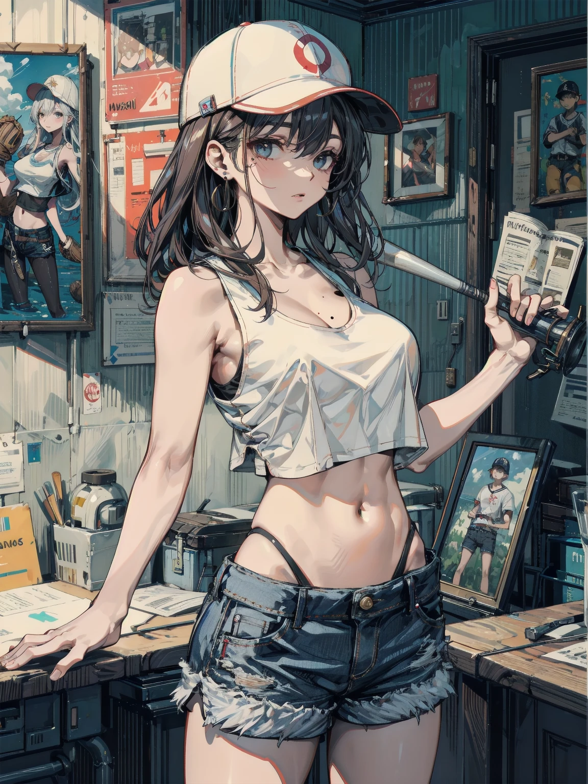 high-key and low-variance brightness scale,soft light,realistic light and shadow,light and dark interlaced,(aiming at viewer:1.4),looking at viewer,dramatic angle,(solo:1.6)
(masterpiece),(best quality),(highres),(by famous artist),(((official art))),(by Paul Hedley),(illustration),
1girl,(frieren),(elf:1.4),fashionable female
(small breasts:1.3),(underboob:1.5),(whole body),(round face),(pointy ears),(slim legs),(skinny body),(detailed beautiful face),lustrous skin,shiny skin,(articulated fingers),(sweat:1.6),navel,midriff,thick lips
(white tank top:1.4),(thong:1.4),(frayed denim shorts),(white socks),(sport shoes),(off shoulders),(belly chain),belt,hair ornament,heart-shaped earrings,silver bracelet,black choker
indoor,(clothing store:1.4),(multiple clothes),small items on display,various accessories,jewelry,earrings,makeup,collarbone necklace,headpiece,
((seductive smile)),blush,((standing)),(pointing pistol:1.4),
(sunglasses:1.2),(green eyes)
(white hair),long hair,twintails,parted bangs,(reflective hair),