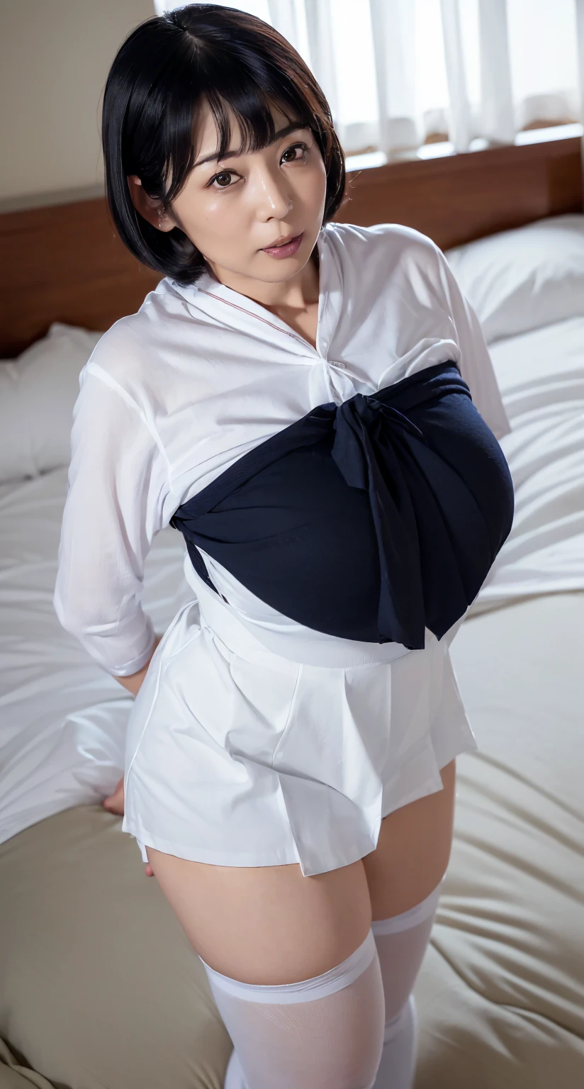 Highest quality, masterpiece, Ultra-high resolution, (reality: 1.4), Original photo, 1 female, mature, smile, short hair, Plump body, , Cinema Lighting, From below, nurse, BDMS, sunset, Cowboy Shot、High school girl after school, (Huge crotch bulge:1.5), (futanari), ((Covered testicles)), blush, shibari. rope