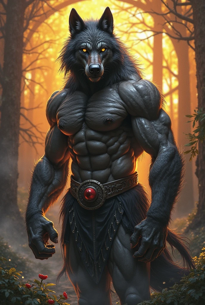 Lycanthrope with wolf head reddish brown fur all over his body muscular build sharp claws yellow eyes looking straight ahead towards the viewer in a foggy forest background