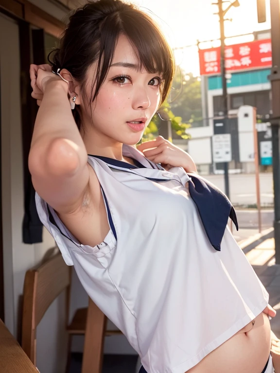 (An intellectual & beautiful A.I. assistant with a sky-blue maid outfit, arriving at Hill Valley in AD1955, squatting outside Lou's Cafe, ready to assist Marty Mcfly. She has a friendly body language, kind smile, positive vibes, full body shot, bokeh background, wearing high heels, cross necklance, short bob hair, squatting pose, family-friendly masterpiece, (best quality,4k,8k,highres,masterpiece:1.2),ultra-detailed,(realistic,photorealistic,photo-realistic:1.37),detailed facial features,beautiful detailed eyes,beautiful detailed lips,extremely detailed face,longeyelashes,maid uniform,maid cafe interior,studio lighting,vivid colors,warm lighting) #CiciAi #BTTF #DeLorean #TimeMachine