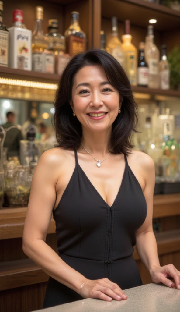 8k wallpaper, masterpiece, Highest quality, Super detailed, One Mature Woman, 50 years old, Become very clear, Wearing a short-sleeved knit, Skin dents, Captivating smile, Looking at the audience, Cleavage, plump, Curvaceous, Fascinating face, Smiling with teeth showing, I was happy, Sitting in a cafe, Background Blur