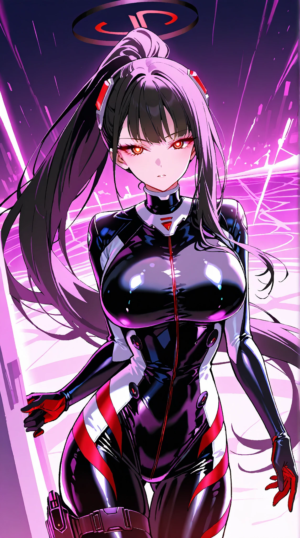 最high quality, high quality, 8K、High resolution,Highest quality、solo、Black Hair, ponytail, Open Mouth Smile, Evil Face, Expressionless face, Secret spy,A heroine of justice wearing pink mecha cyber armor,Old Manga, Sci-fi anime, modern mecha anime