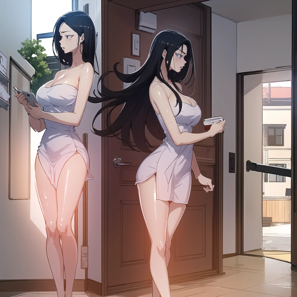 ((1girl)),((alone)),Sana sunomiya,(masterpiece), (best quality), (ultra detailed), (best illustration), (best shadow), (absurdities), sharp focus, cowboy shot ,atmospheric perspective, depth of field, dynamic posture looking at the viewer, large breasts, narrow waist, wide hips, wide thighs, round butt, erotic, romantic, (very detailed eyes, lips 1.1), very detailed eyes, eyes, very face detailed, Very beautiful face, full height, beautiful slim figure, femininity, expressive appearance, elastic big breasts, sexuality, long hair, bangs, dark purple hair, (red eyes:1.4), hime cut, (haggard eyes:1.5) , white towel tied around the waist, cleavage, bare arms, bare legs, curves, defined body, perfect and beautiful body, perfect and beautiful, closed mouth, smile, happy smile, blushing, (sexy pose: 1.2), (( solo)), standing: 1.3,((art room: 1.5, window: 1.5, sunset: 1.5, easel: 1.5, armchair:1.3, locker:1.4, painting:1.4)), looking back, from behind, ((focus on ass)), point of view: (from below), perfect anatomy, perfect hands